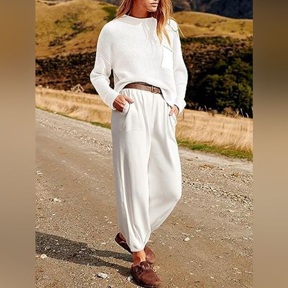 White Comfy Fall Knit Top and Joggers Set